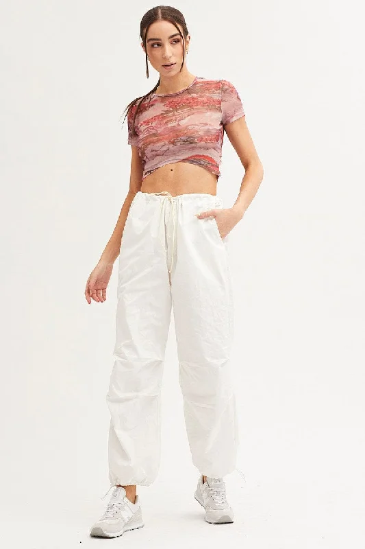 White Abstract Landscape Print Mesh Short Sleeve Top