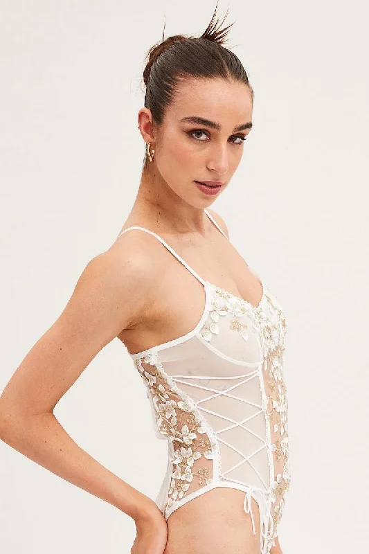 White Appliques Mesh Lace One Piece Teddy Bodysuit