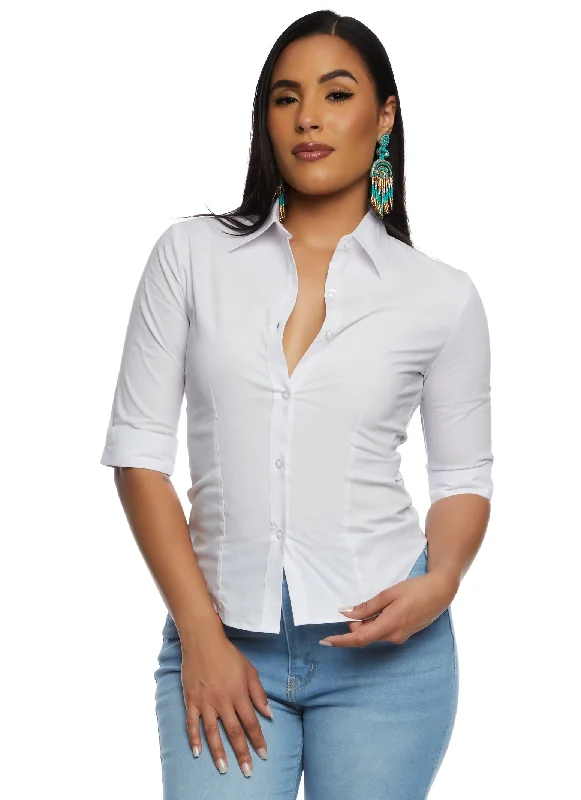 Basic Button Front Quarter Sleeve Shirt