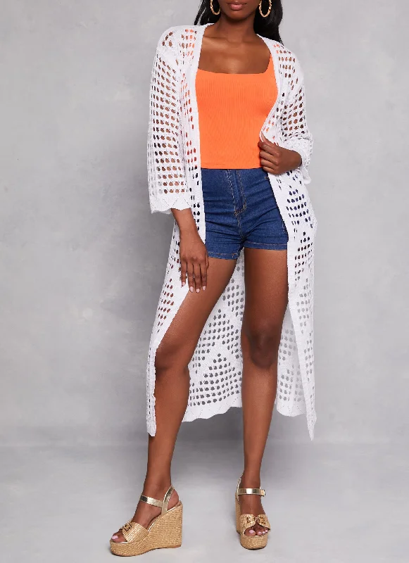 Crochet Open Front Scalloped Hem Duster