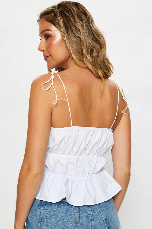 White Tie Front Ruched Cami Top