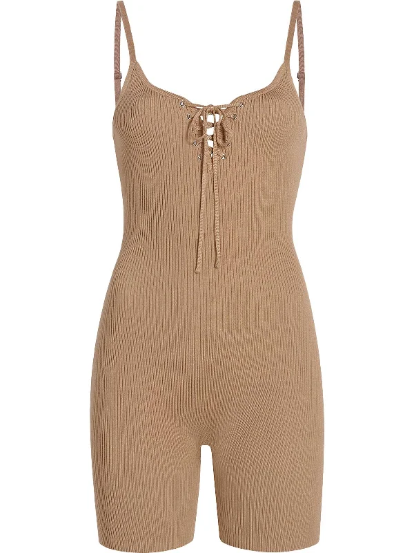 Womens Lace-Up Ribbed Romper