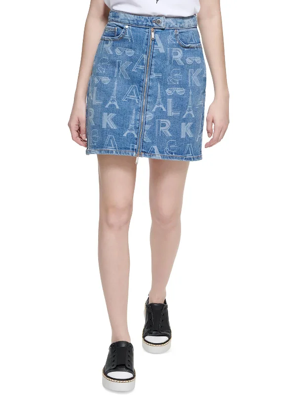 Womens Logo Printed Front Zipper Mini Skirt