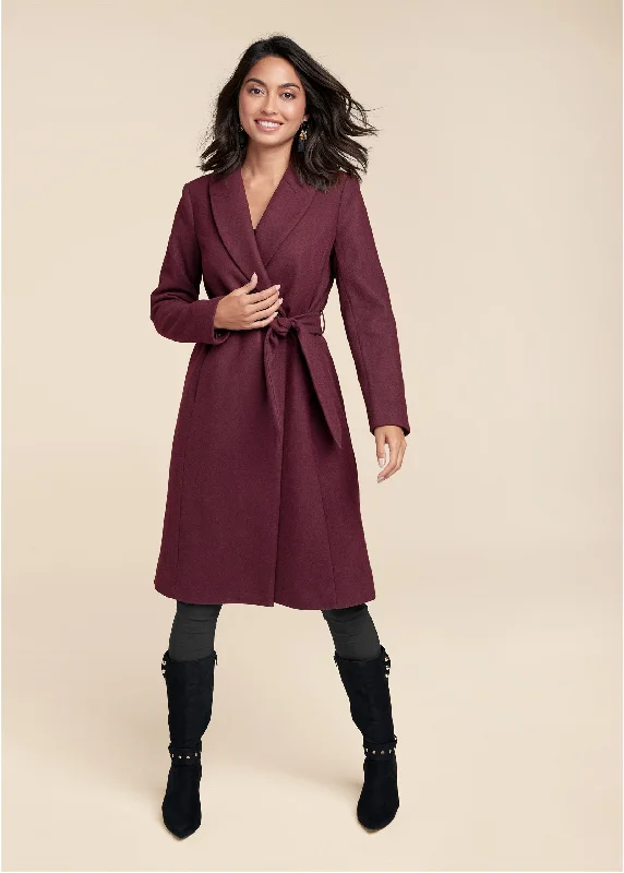 Belted faux-wool coat - Wine