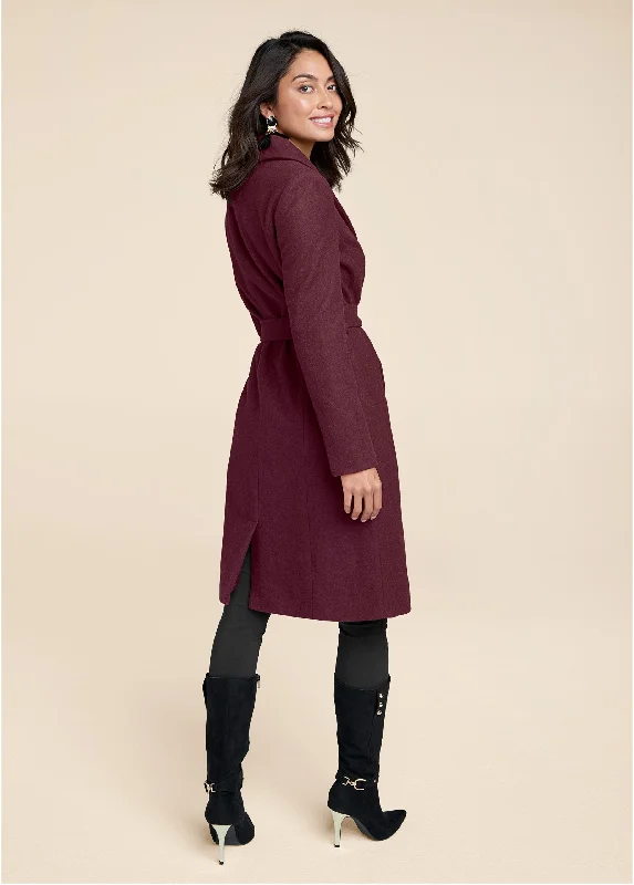 Belted faux-wool coat - Wine