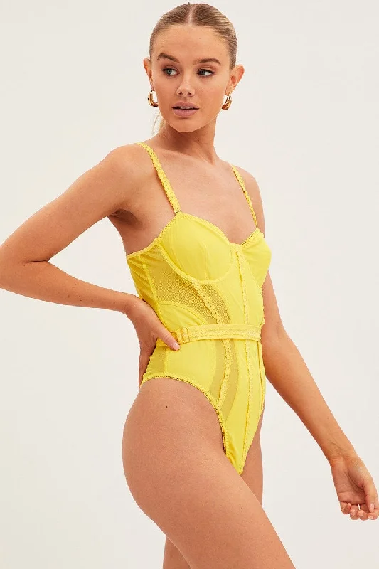 Yellow Belts Decor Mesh One Piece Bodysuit