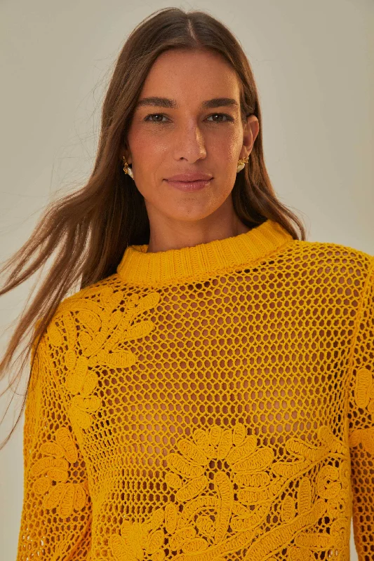 Yellow Embroidered Knit Sweater