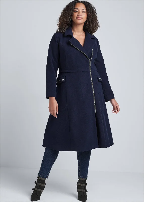 Long asymmetrical zipper coat - Navy