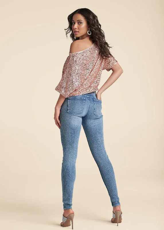 Off-shoulder sequin top - Rose Gold