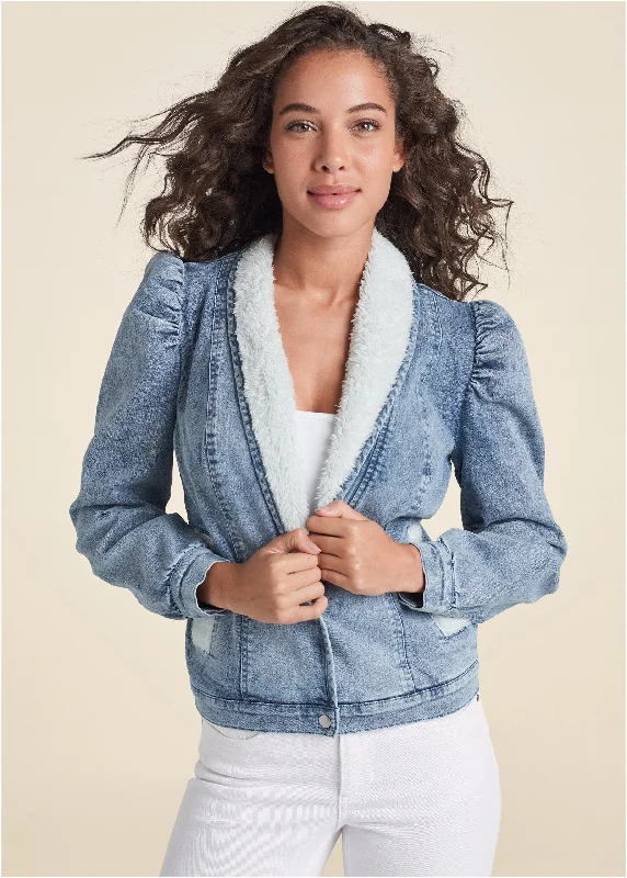 Faux fur lined puff sleeve jean jacket - Light Wash