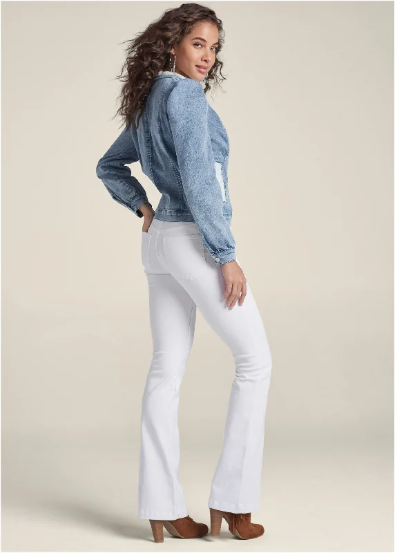 Faux fur lined puff sleeve jean jacket - Light Wash