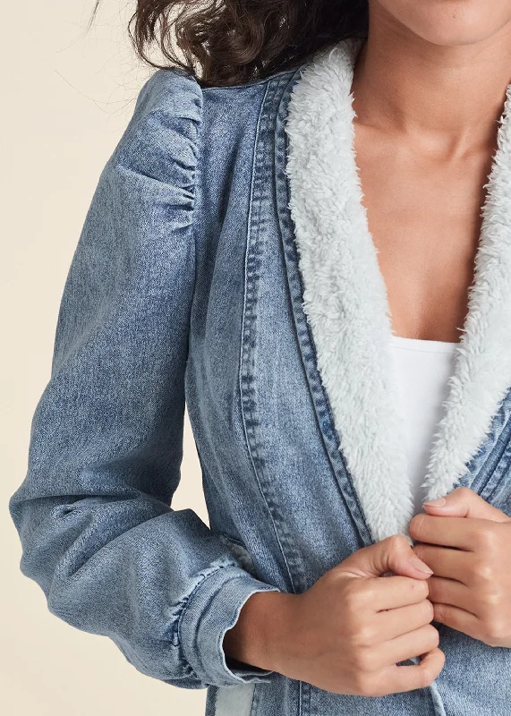 Faux fur lined puff sleeve jean jacket - Light Wash