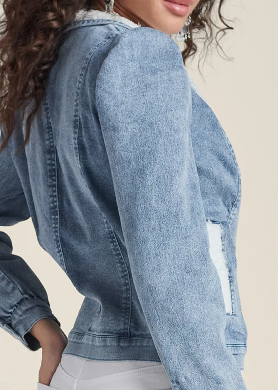 Faux fur lined puff sleeve jean jacket - Light Wash