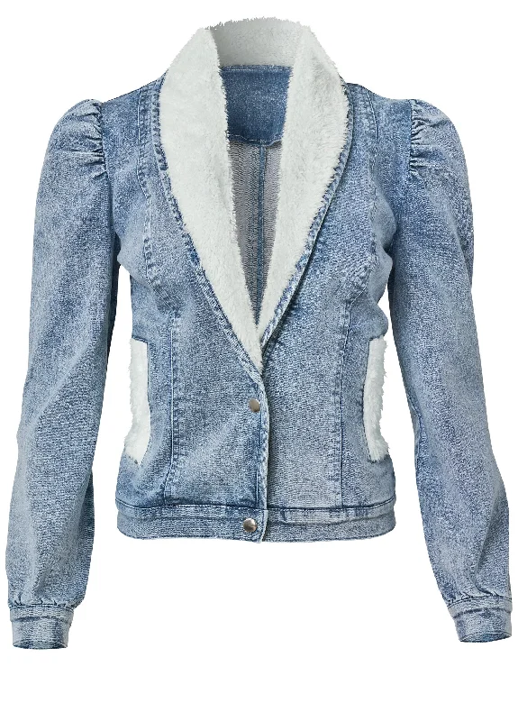 Faux fur lined puff sleeve jean jacket - Light Wash