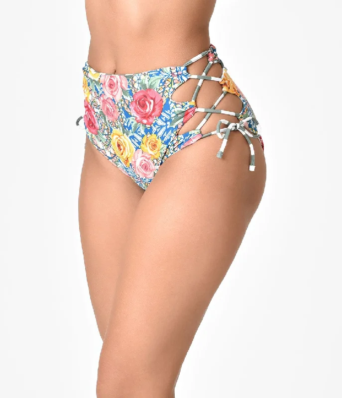 Multicolor Roses Mosaic & Green Stripe Reversible Swim Bottoms