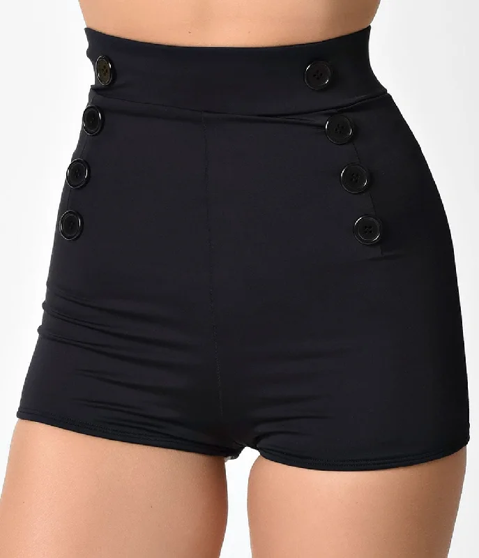 Pin Up Style Black Button High Waist Sailor Swim Bottoms