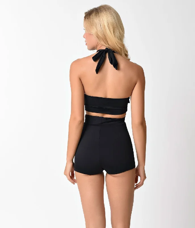 Pin Up Style Black Button High Waist Sailor Swim Bottoms