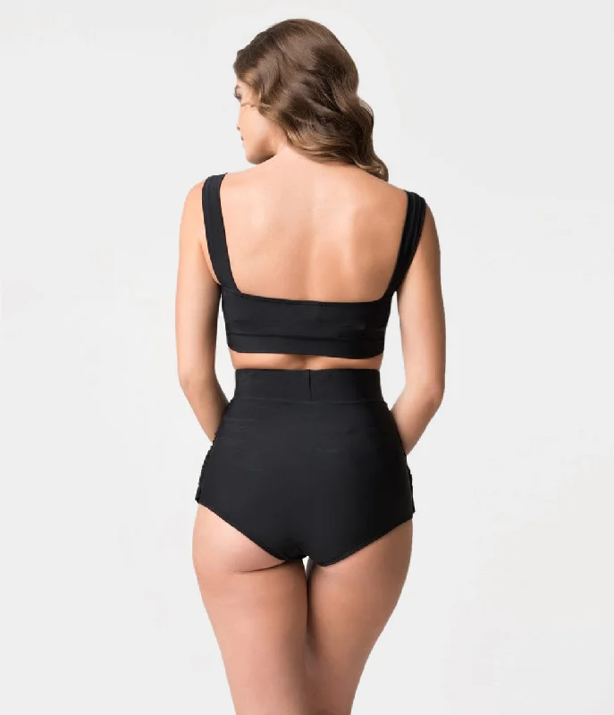 Retro Style Black Gathered High Waist Skirted Swim Bottoms